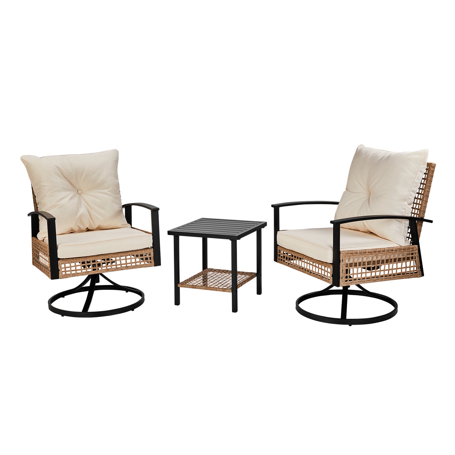 2pcs Swivel Chair And 1pc Side Table, Sparsely Braided Light Yellow Rattan, Off-white Mat, Braided Rattan Three-piece Set Furniture Outdoor Garden Patio Furniture