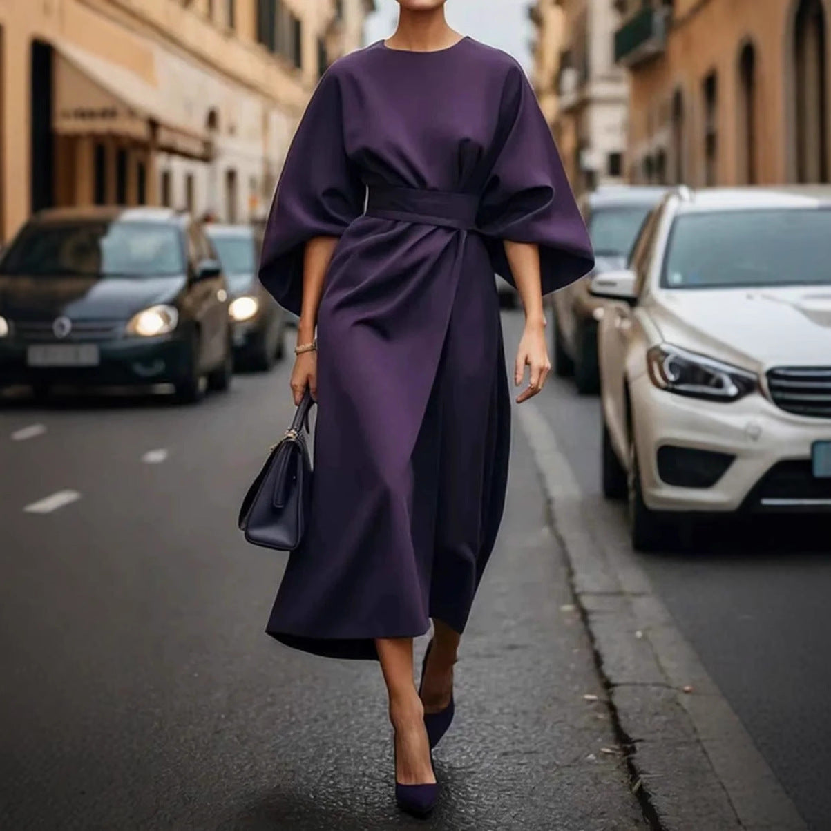 Loose Batwing Sleeve Dress Fashion Waist-tighted Solid Color Elegant Dresses For Women's Garments Apparel / Clothing