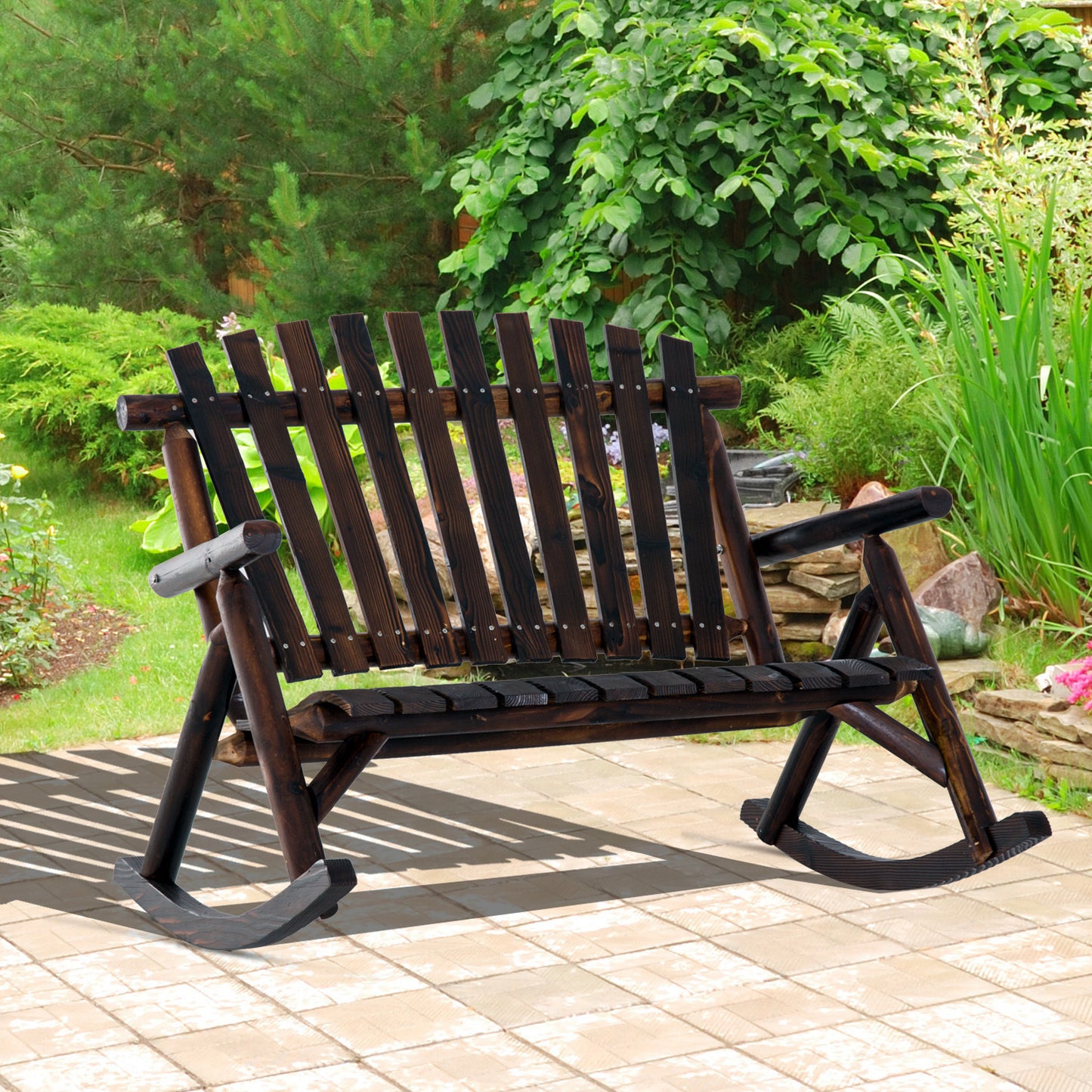 Classic Wooden High-Back Rocker, Carbonized For Garden Serenity & Relaxation, Durable Outdoor Garden Patio  Furniture