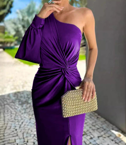 Women's Diagonal Shoulder Knot Split Solid Color Slim Fit Dress Women's Garments Apparel / Clothing