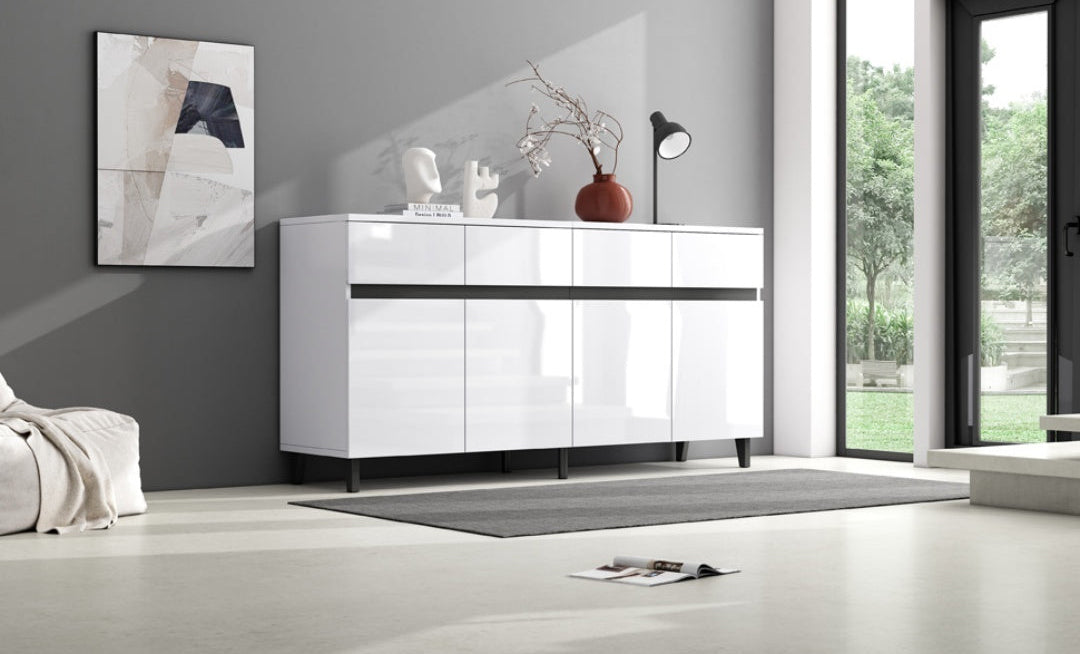 Storage Cabinet, Sideboard Buffet With 4 Drawers 4 Doors , Highboard Cabinet With Adjustable Shelves, Chest Of Drawers, Standing Cabinet, Cupboard Buffet For Living Room, Kitchen, 160X40X68cm, White Furniture