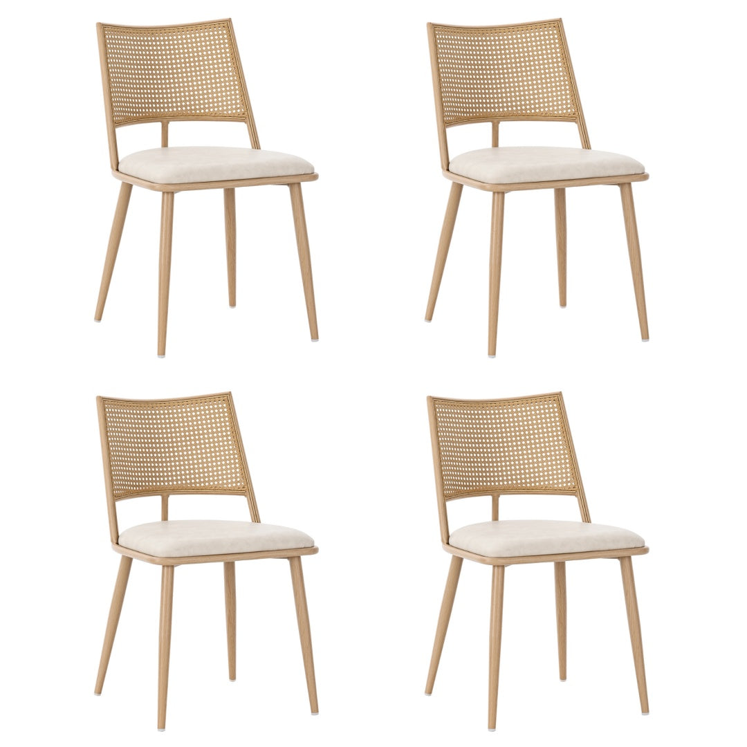 Set Of 4, PU Seat, Rattan Backrest, Bamboo Kitchen Chair With Imitation Rattan Backrest And Retro Side Armchair, Suitable For Home, Restaurant, Living Room, Cafe,beige Furniture