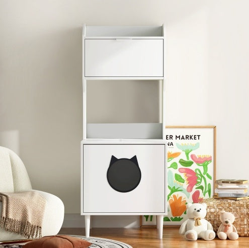 Bac à litière pour chat en bois blanc avec étagères et portes, meuble de rangement industriel pour chat d'intérieur, salle de bain, cage pour animaux de compagnie