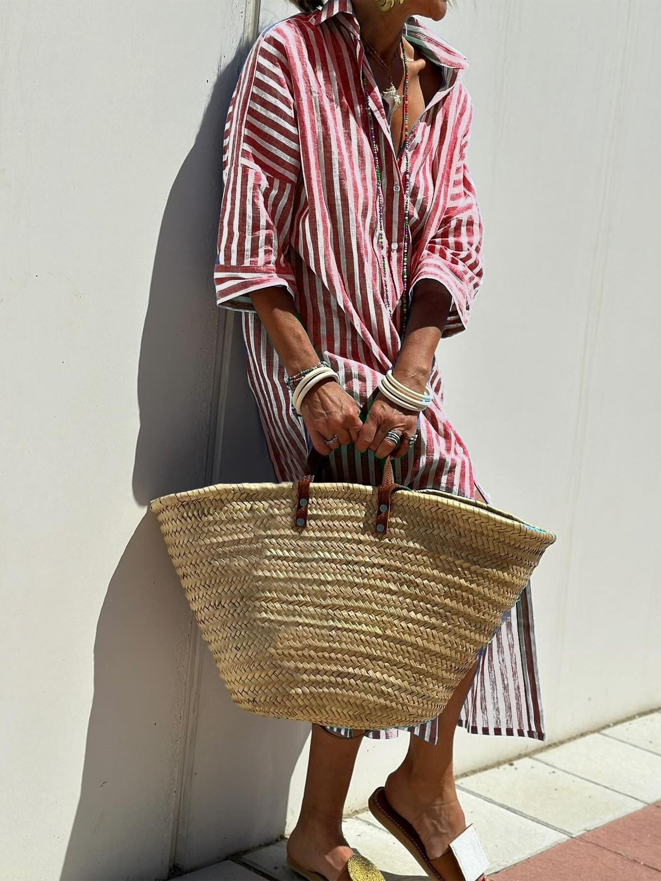 Striped Shirt Dress With Belt Fashion Half-sleeved Lapel Button Cardigan Dresses Women's Garments Apparel / Clothing