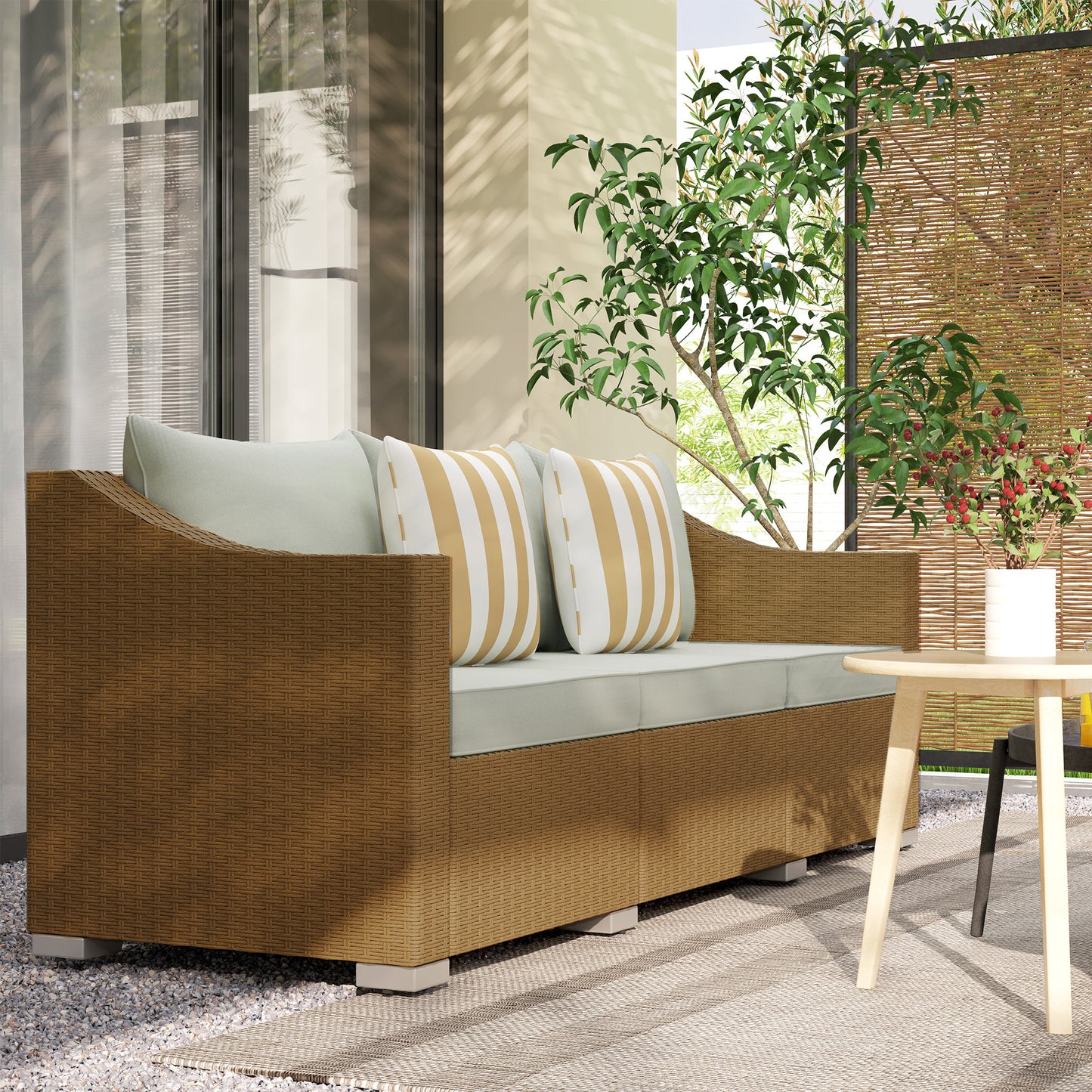 Rattan Wicker 3 Seater Patio Couch With Cushions, 2 Throw Pillows, Rattan Sofa, Light Gray Outdoor Garden Patio Furniture
