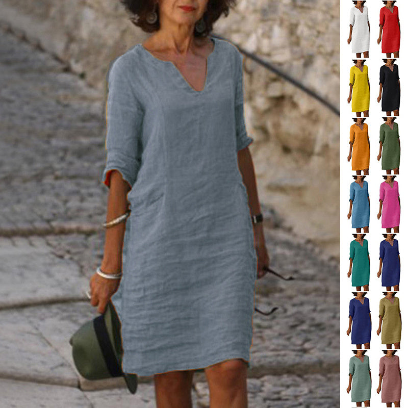 Cotton And Linen V-neck Dress Summer Stitching Retro High Waist Pure Color Dresses Women's Garments Apparel / Clothing