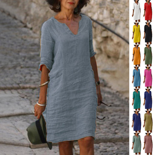 Cotton And Linen V-neck Dress Summer Stitching Retro High Waist Pure Color Dresses Women's Garments Apparel / Clothing