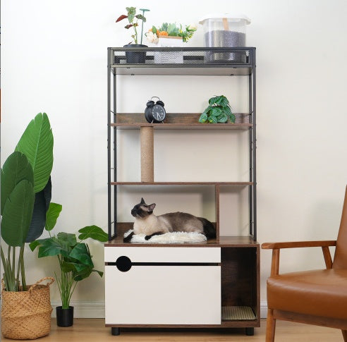 Cat Litter Box Enclosure With Shelves,Hidden Litter Box With Scratching Posts, Litter Box Furniture ,Wooden Cat Tree Furniture
