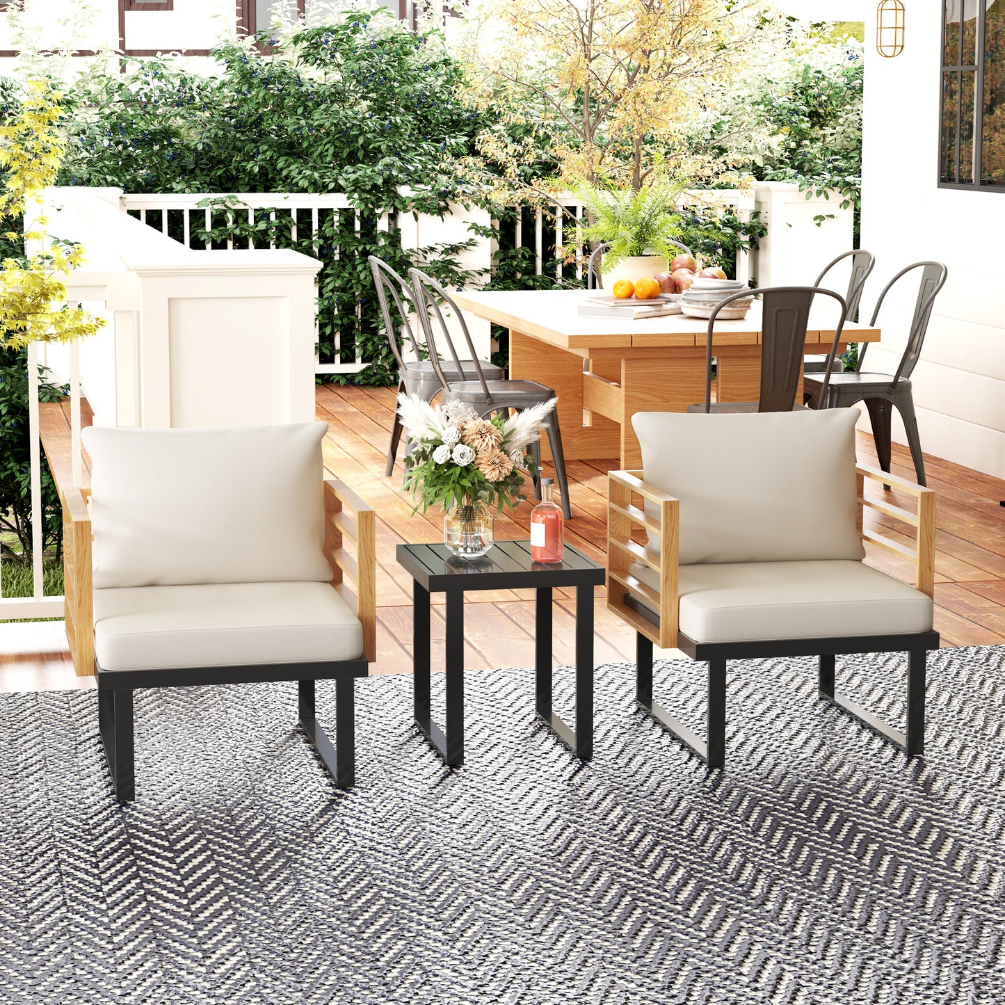 3 Piece Metal Bistro Set, Small Set With Cushions, Armchairs, Slatted Table For Backyard Balcony, Beige Outdoor Garden Patio Furniture