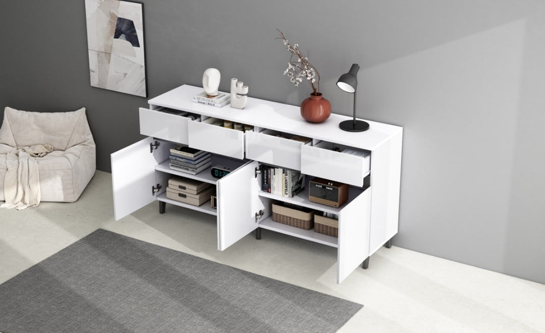 Storage Cabinet, Sideboard Buffet With 4 Drawers 4 Doors , Highboard Cabinet With Adjustable Shelves, Chest Of Drawers, Standing Cabinet, Cupboard Buffet For Living Room, Kitchen, 160X40X68cm, White Furniture