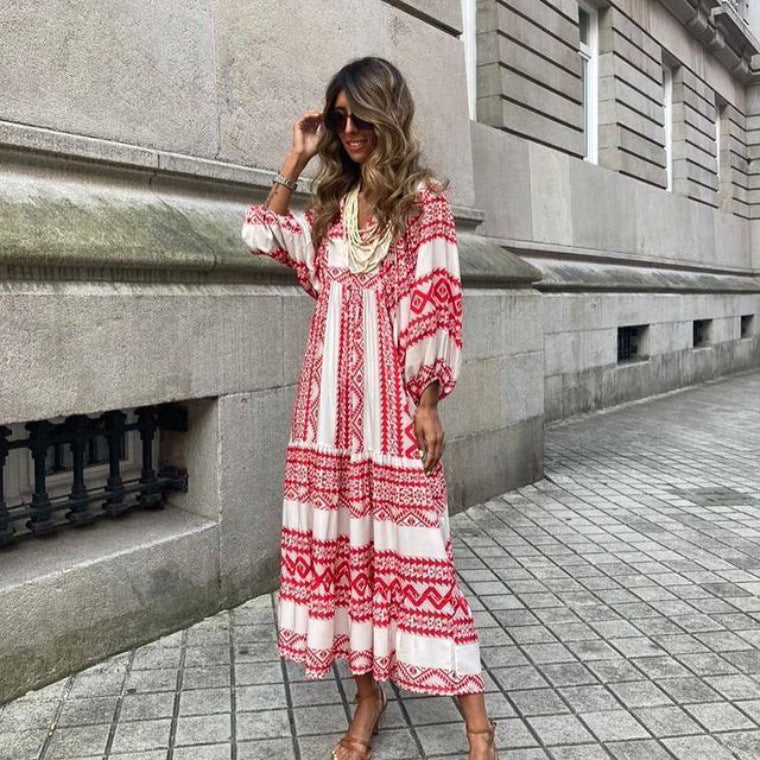 Summer Women's Vintage Printed Bohemian Dress Elegant Ladies Casual Loose V-Neck Short Sleeve Long Dresses Women's Garments Apparel / Clothing