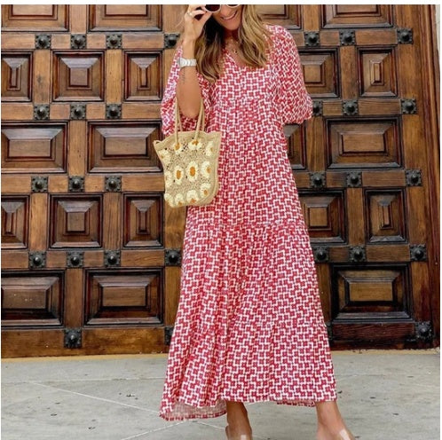 Summer Women's Vintage Printed Bohemian Dress Elegant Ladies Casual Loose V-Neck Short Sleeve Long Dresses Women's Garments Apparel / Clothing
