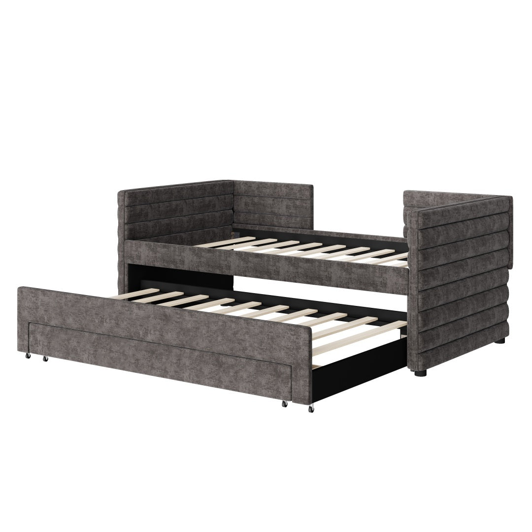 Twin Size Upholstered Daybed With Trundle And 3 Storage Drawers, Chenille Fabric Sofa Bed For Guest Room, Living Room, Space-Saving Modern Day Bed Frame, No Box Spring Needed Furniture