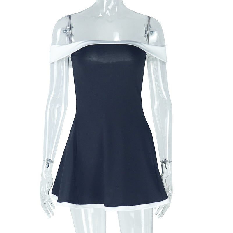 Women's Black And White Patchwork Summer Dress Y2K Trend Slash Neck Backless Sweet Girl Chic Ruched Mini Bodycon Streetwear Women's Garments Apparel / Clothing