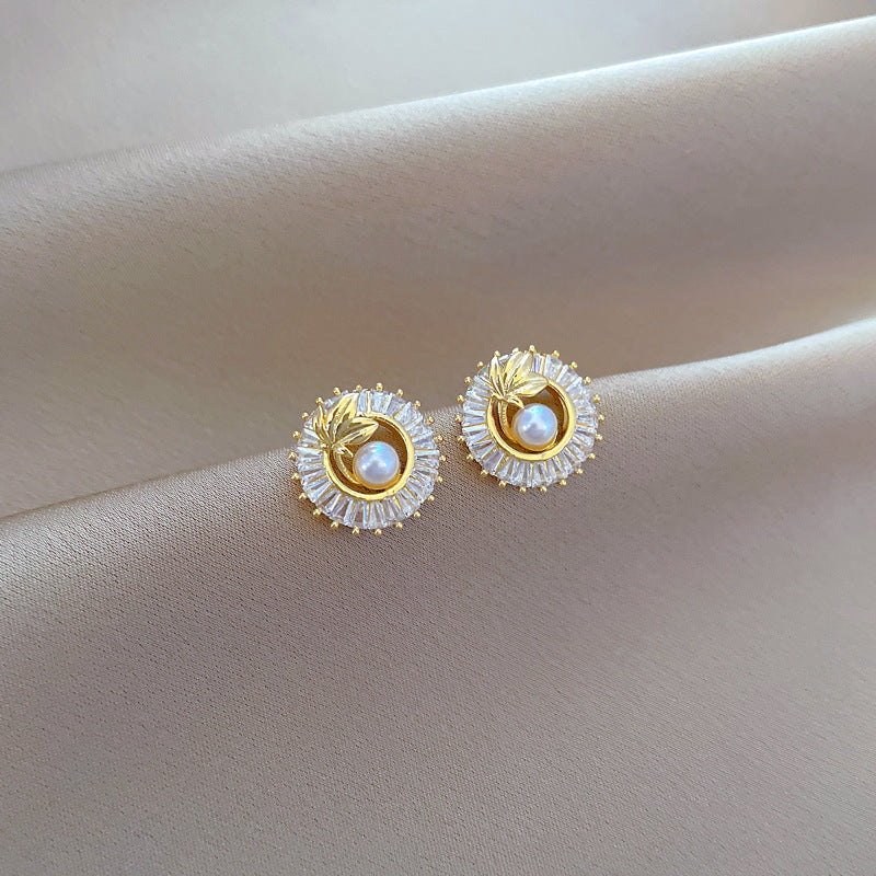 Fashion Jewelry Square Full Diamond Personalized Round Ring Leaves Necklace And Earrings Suite Jewelry / Accessories