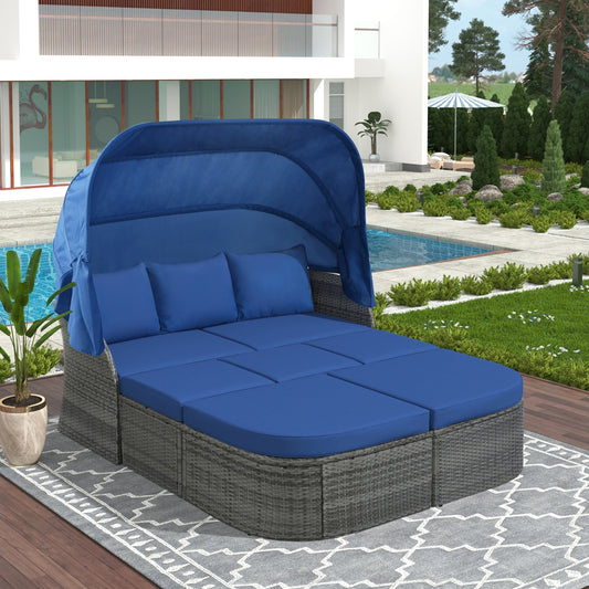 Ensemble de meubles de patio U STYLE avec lit de repos et auvent rétractable en osier