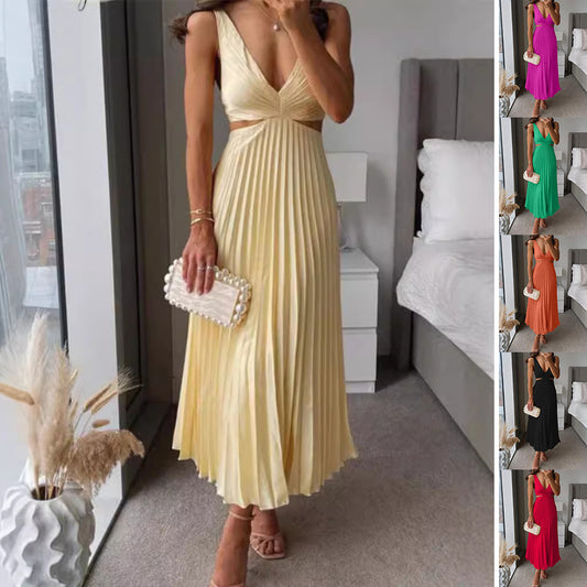 Ins Suspender Pleated Long Dress With Hollow-waisted Design Fashion V-neck Backless Dresses Summer Women's Garments Apparel / Clothing