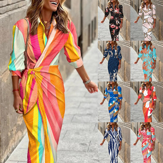 Fashion Printed Shirt Dress With Belt Slim Fit Three-quarter Sleeve Lapel Dress For Women's Garments Apparel / Clothing
