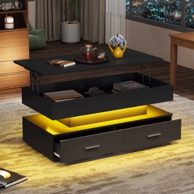 Hydraulic Lift Top Coffee Table, LED Coffee Tables With Storage For Living Room, Coffee Table With 2 Drawers & LED Light For Dining Reception Room, Black Furniture
