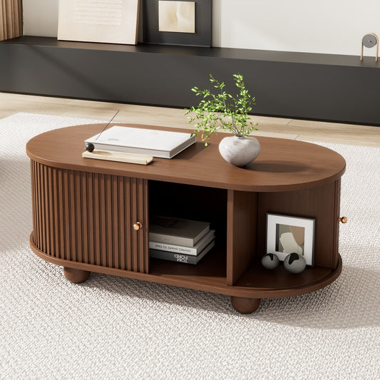 Oval Coffee Table With 2 Sliding Doors, Rounded Corners,Hidden Compartment Center Table, Sofa Table With Storage Space, Side Table With Central Open Storage Area,100X50X40cm,Oak Color,MDF Furniture