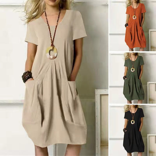 Cotton And Linen Solid Color Loose Round Neck Short Sleeve Dress Women's Garments Apparel / Clothing