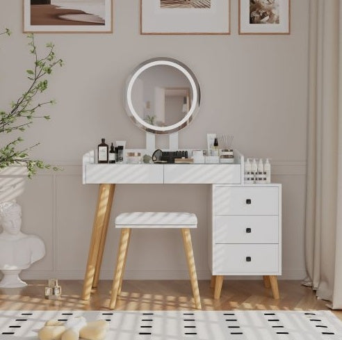 Dressing Table With LED Lights Glass Top Dressing Table With Extendable Side Table 5 Drawers Dressing Table With Mirror And Stool For Bedroom Furniture
