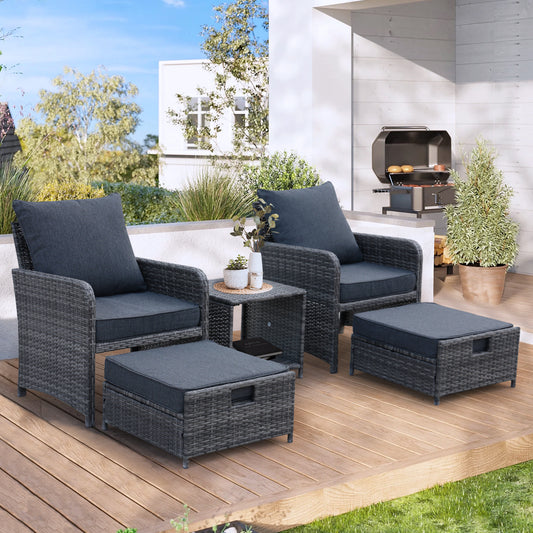 Ensemble de meubles de patio en osier 5 pièces, chaises de patio d'extérieur avec poufs, meubles de conversation