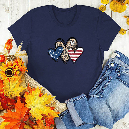 Women's Star Stripes Leopard Print American Independence Day Flag Printed Round Neck Short Sleeve Apparel / Clothing