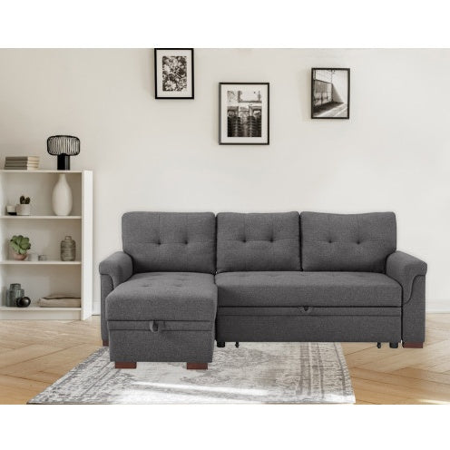 Dark Gray Linen Reversible Sleeper Sectional Sofa With Storage Chaise