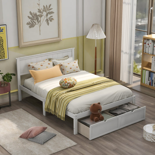 Full Size Platform Bed With Under-bed Drawers, White Bedroom Furniture