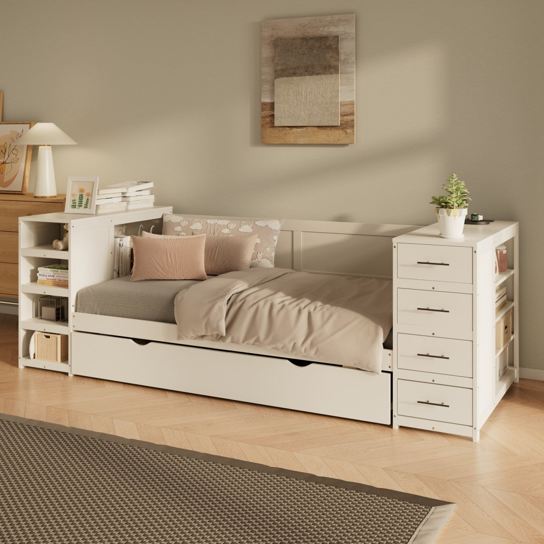 White Wooden Twin Size Daybed With Trundle And Side Shelves, Drawers, Storage Bed With Multi-Functional Desk And Charging Station For Bedroom, Guest Room Furniture