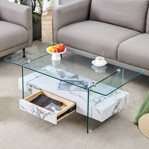 43.3 Inch Modern Two-Tier Coffee Table - Clear Tempered Glass And White Marble Texture, Multifunctional Storage Design.The Bottom Tier Includes A Drawer.Can Be Used As A Coffee Table,side Table,etc Furniture