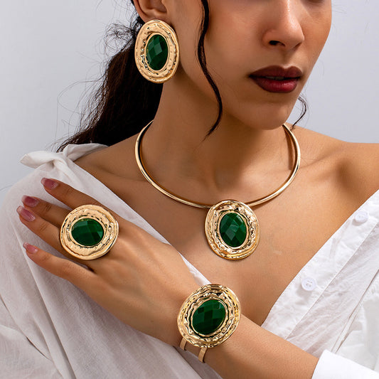 Fashion Metal Geometry Round Piece Ear Studs Necklace Bracelet Ring Jewelry Set Jewelry & Accessories