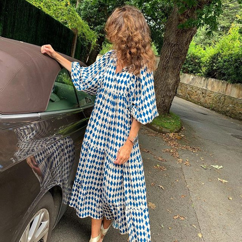 Summer Women's Vintage Printed Bohemian Dress Elegant Ladies Casual Loose V-Neck Short Sleeve Long Dresses Women's Garments Apparel / Clothing