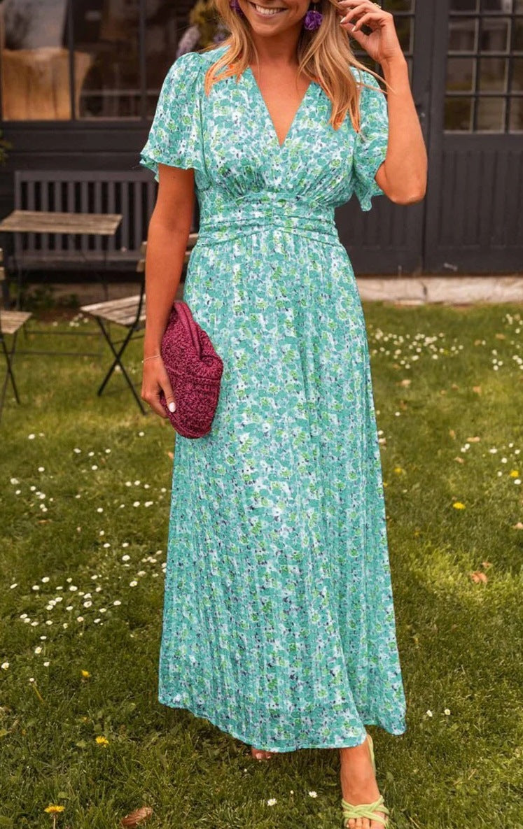 Printed Waist-controlled V-neck Dress Women's Garments Apparel / Clothing