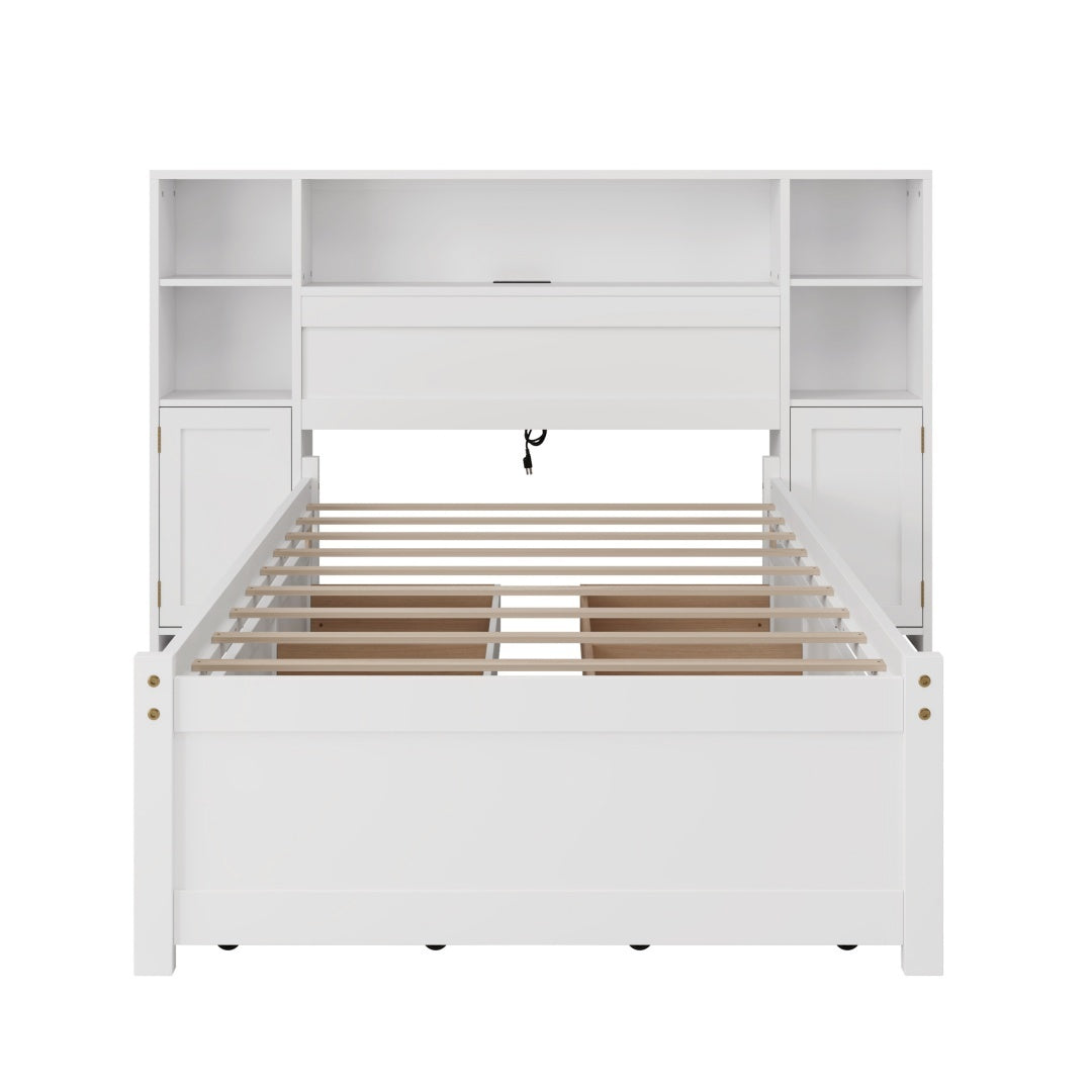 White Wooden Storage Bed With Tall Extended Bookcase Headboard, 6 Drawers And Charging Station For Teens Adults, No Box Spring Needed,Twin Furniture