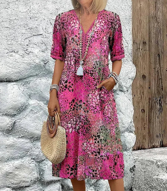 Summer V-neck Half-sleeved Dress With Pockets Fashion Ethnic Print Dresses Beach Holiday Women's Garments Apparel / Clothing