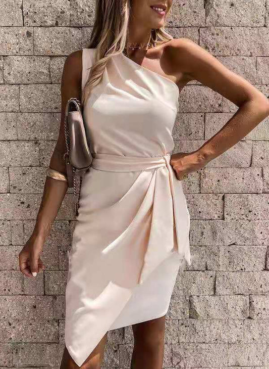 Spring And Summer Models Solid Color Sleeveless Slanted Shoulder Irregular Tie Party Dress Women's Garments Apparel / Clothing