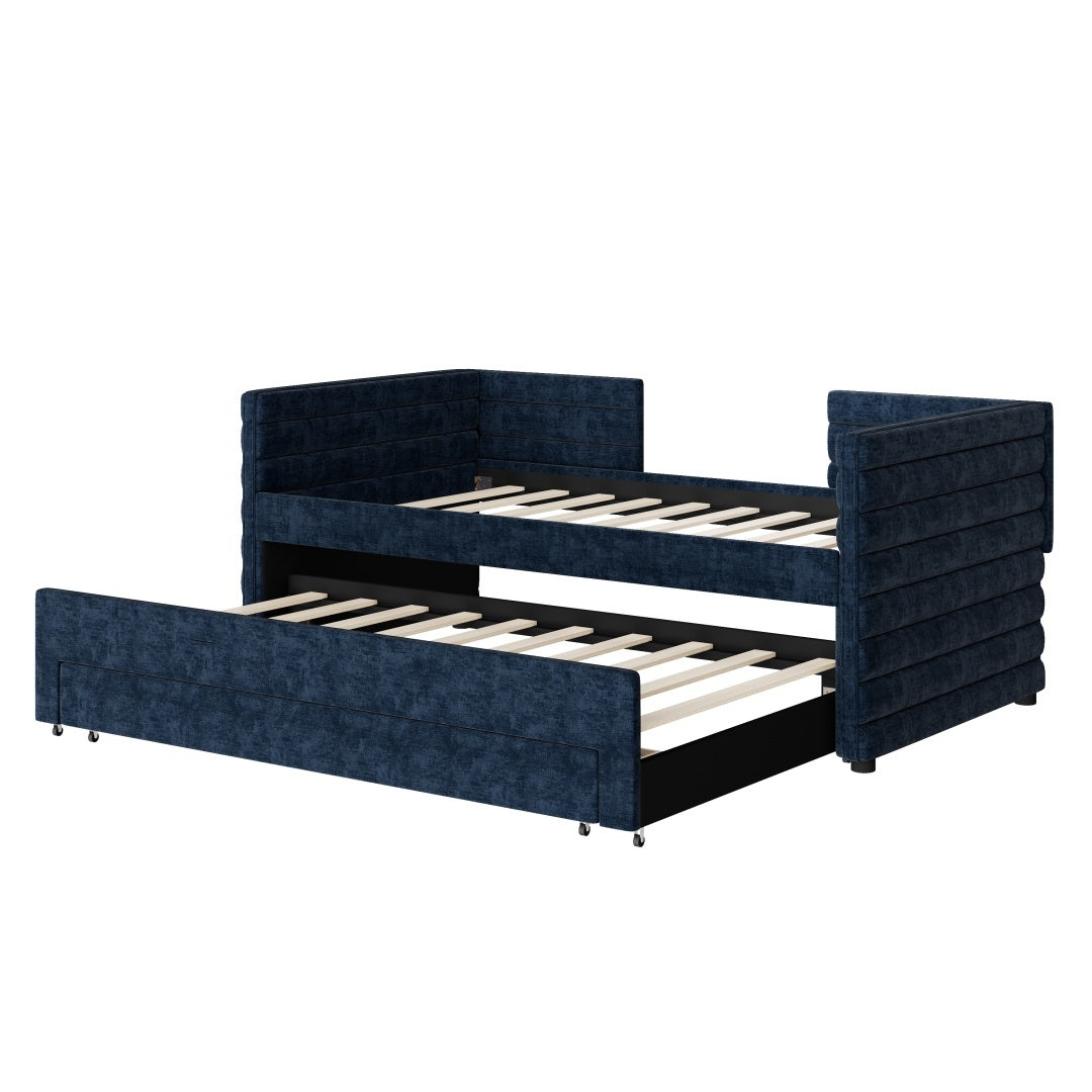 Twin Size Upholstered Daybed With Trundle And 3 Storage Drawers, Chenille Fabric Sofa Bed For Guest Room, Living Room, Space-Saving Modern Day Bed Frame, No Box Spring Needed Furniture