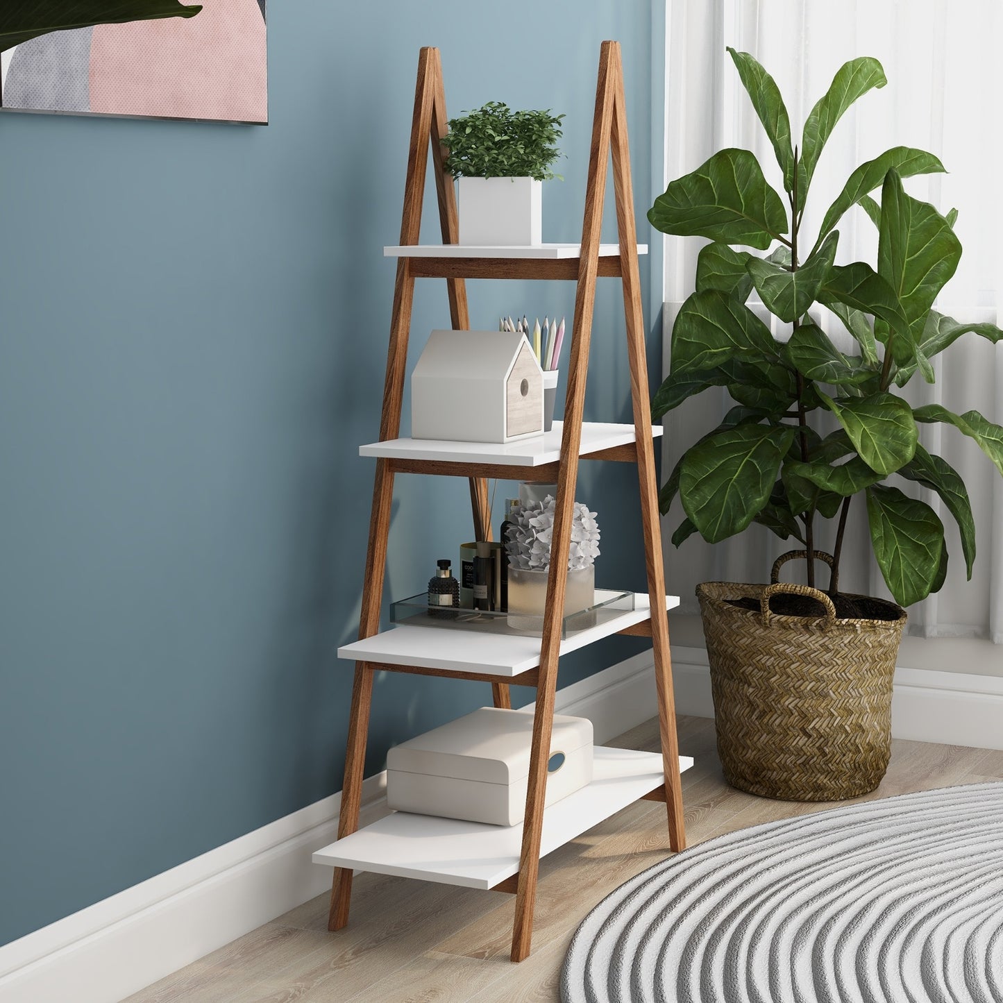 Solid Bamboo Wood Oxford  A Frame Ladder Display Bookshelf Furniture
