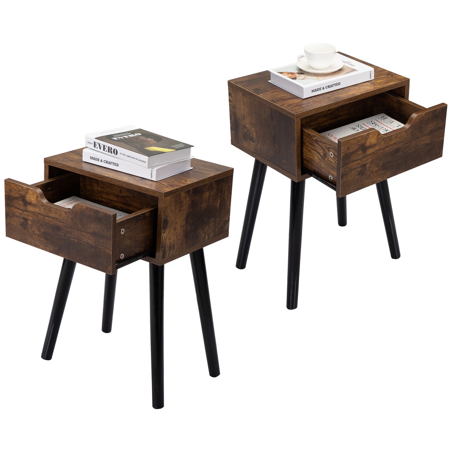 Set Of 2 Mid Century Wood Side Tables W  Storage Drawer For Bedroom,Brown Black Furniture