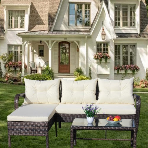 Ensemble de meubles de jardin 3 pièces, canapé sectionnel en rotin et osier avec coussins d'assise, coussin beige