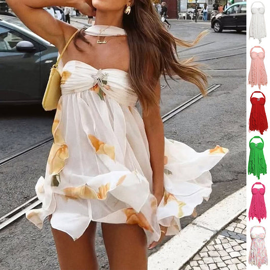 Ins Halter Neck Backless Dress Summer Sexy Printed Irregular Mesh Short Dresses For Evening Party Club Women's Garments Apparel / Clothing