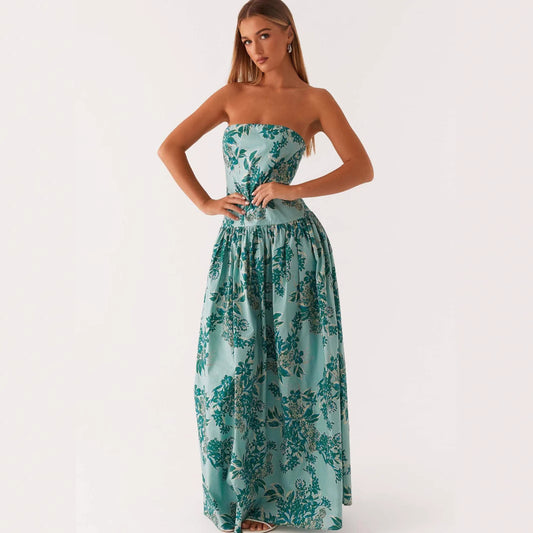 Fashion Tube Top Printed Long Dress Women's Garments Apparel / Clothing