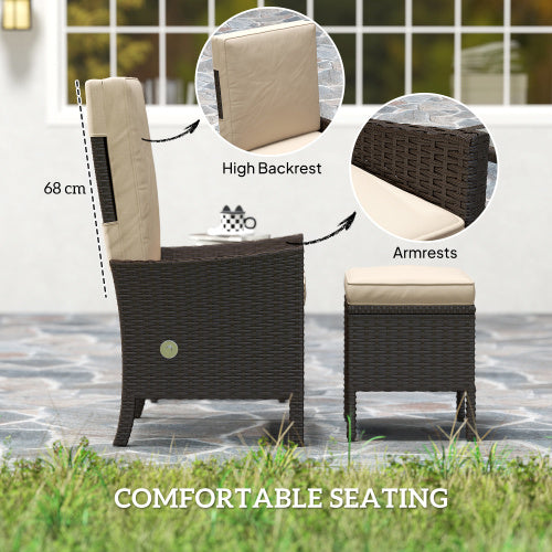 Outsunny 5 Piece Rattan Garden Furniture Set, Wicker Patio Sofa Set With 2 Armchairs, 2 Footstools, Glass Top Coffee Table With Shelf, Outdoor Furniture With Adjustable Backrests, Cushions, Khaki Outdoor Garden Patio Furniture