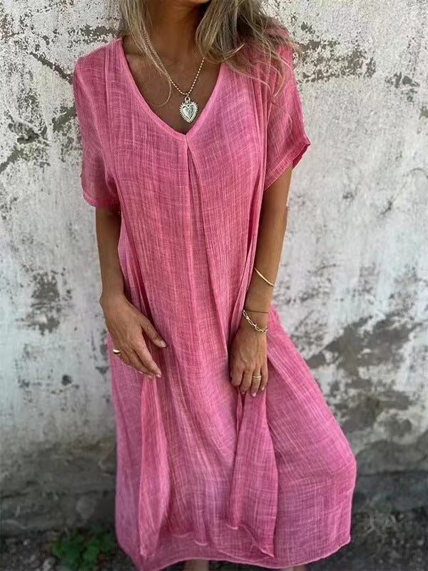 Women's Fashion Temperament Cotton Linen V-neck Semi-formal Dress Women's Garments Apparel / Clothing