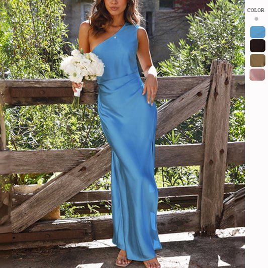 Slim One-shoulder Split Satin Dress Women's Garments Apparel / Clothing