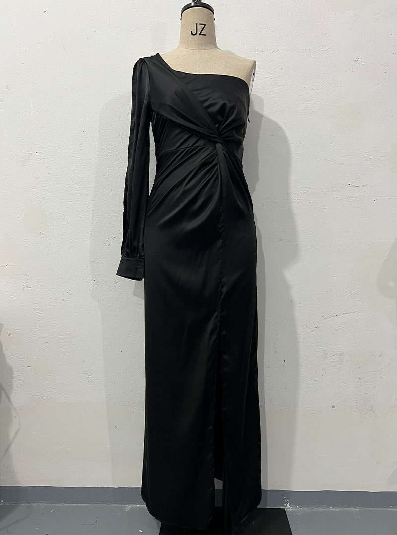 Women's One-shoulder Split Dress Ins Fashion Long-sleeved Slim Long Dresses Party Evening Women's Garments Apparel / Clothing