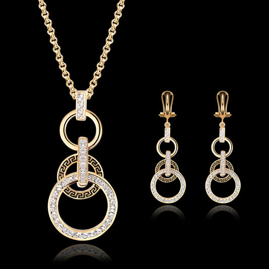Women’s Zircon Necklace & Earrings Set, Roman Circle Design, 18K Gold Jewelry Accessories