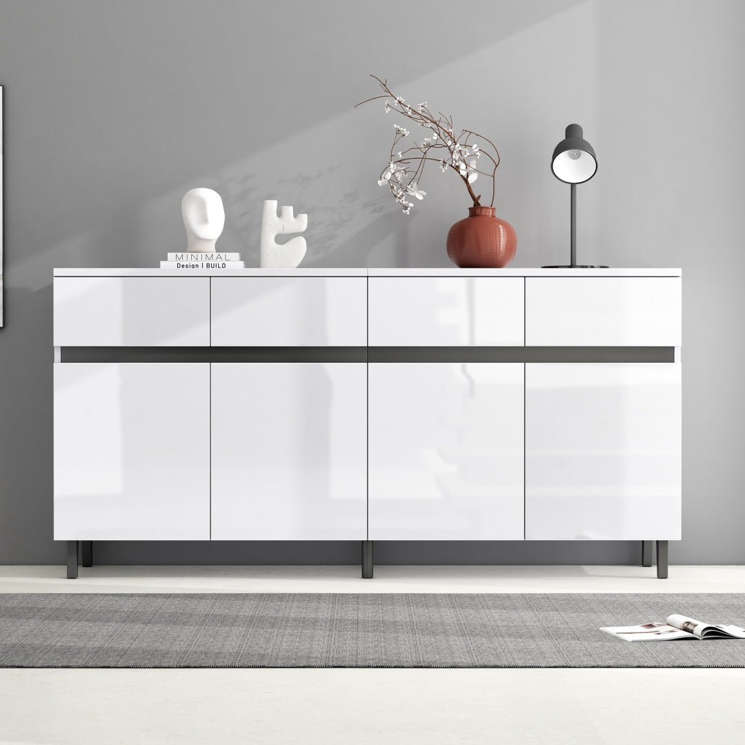 Storage Cabinet, Sideboard Buffet With 4 Drawers 4 Doors , Highboard Cabinet With Adjustable Shelves, Chest Of Drawers, Standing Cabinet, Cupboard Buffet For Living Room, Kitchen, 160X40X68cm, White Furniture